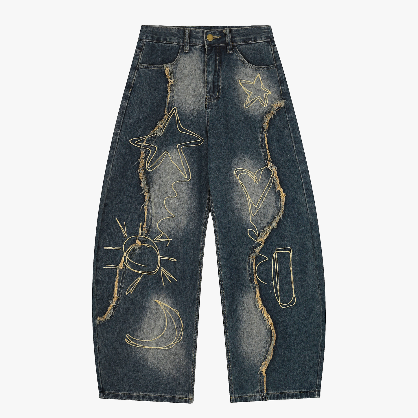 Vintage Embroidered Washed Raw-Edge Graffiti Scimitar Jeans