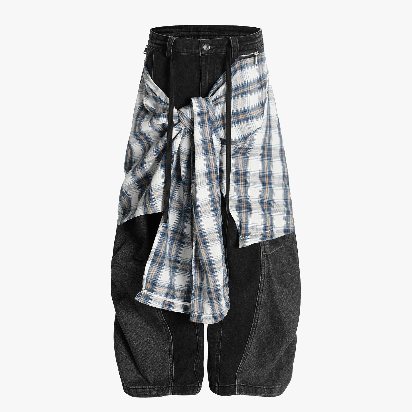 Denim Faux Two-piece Plaid Detachable Scimitar Jeans