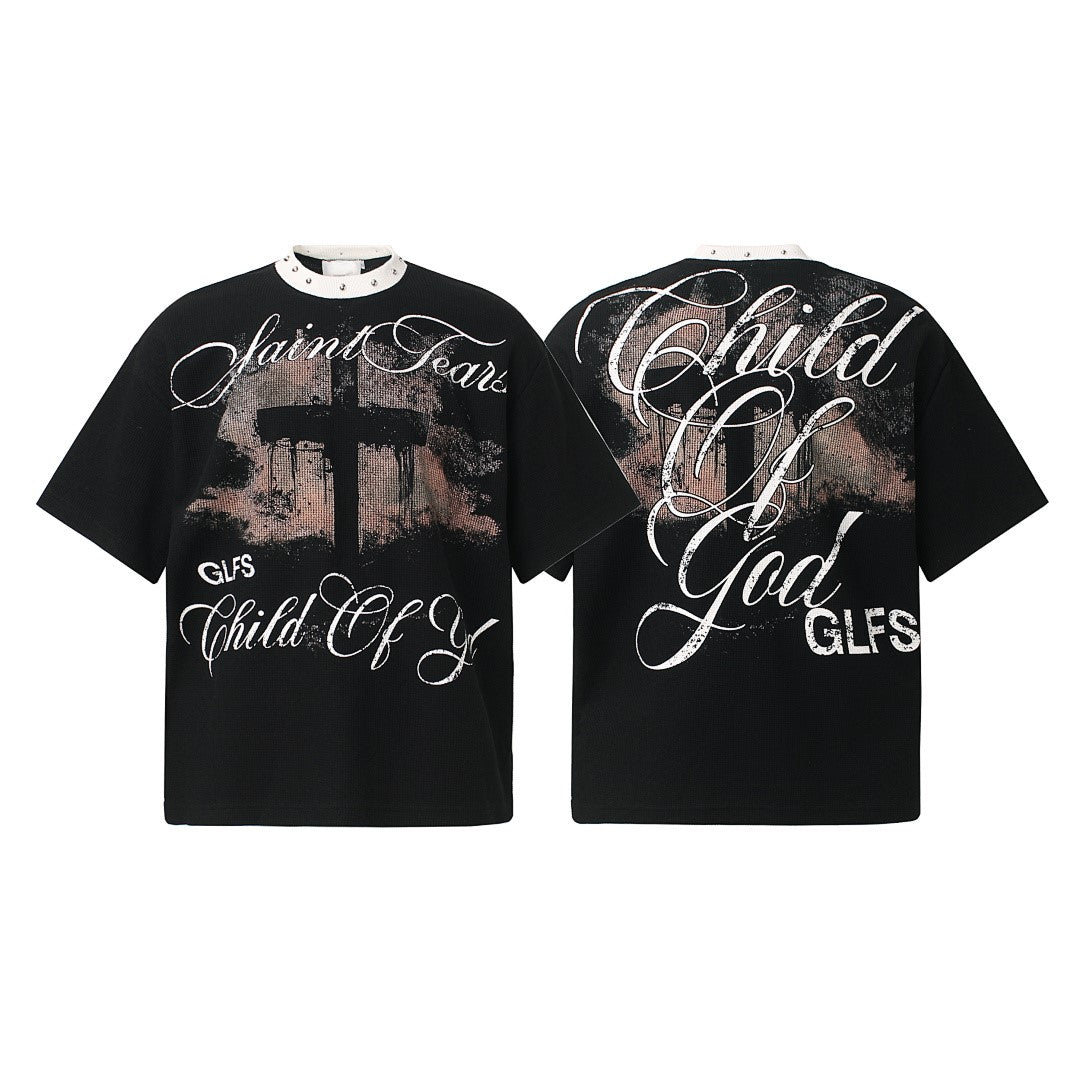 Gothic Cross Print Studded Collar Waffle Knit Graphic T-Shirt