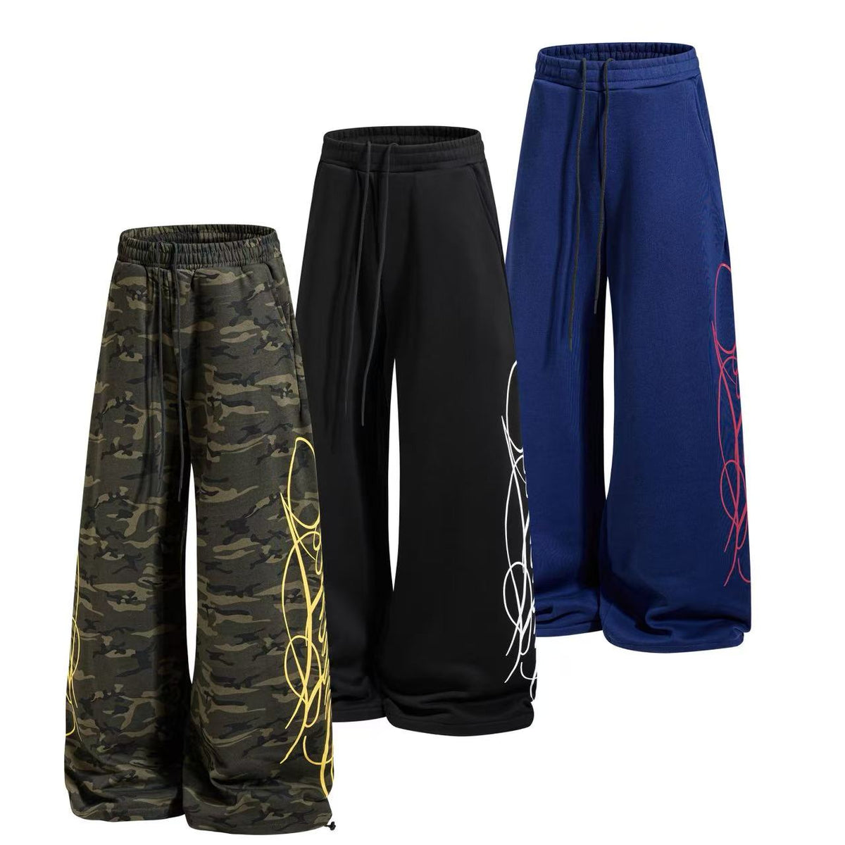 Streetwear Fleece Lined Side Script Line Graphic Print Wide-Leg Sweatpants - OMYGOODS