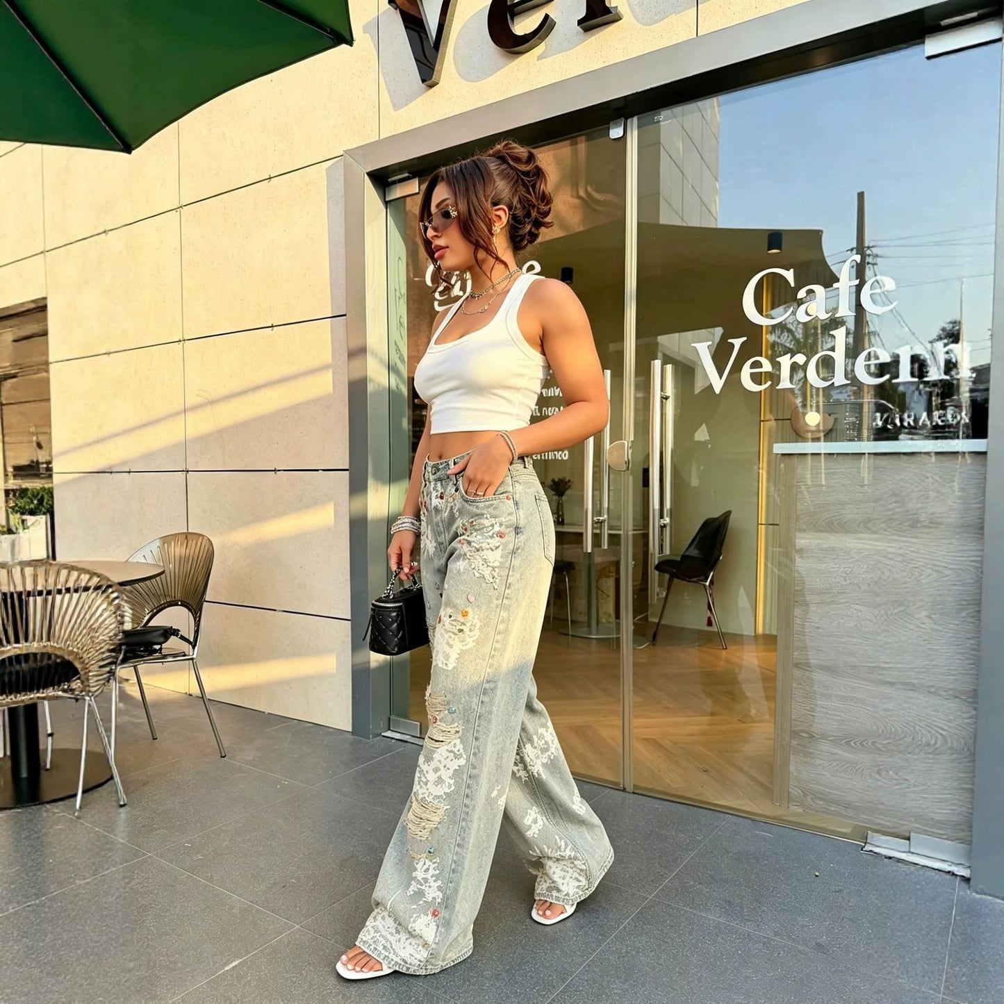 Fashion Lace Color Brick Ripped 3D Printed Jeans