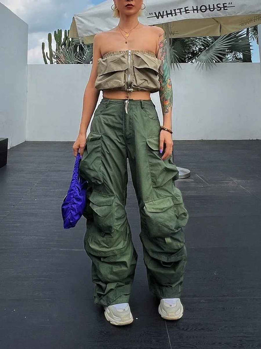 Solid Loose Pants For Women High Waist Patchwork Pockets Casual Streetwear Cargo Pant Female Fashion Clothing