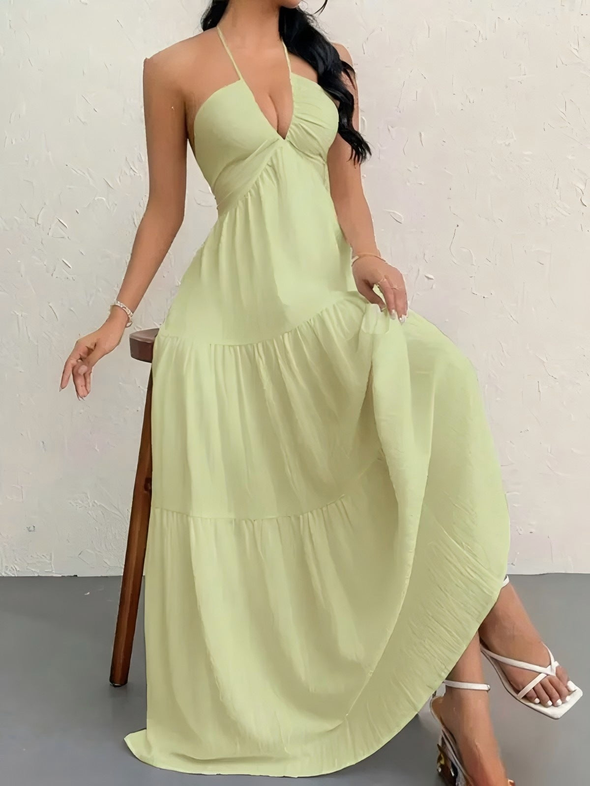 European and American Style Summer New Solid Color Strapless Sexy Backless Tie-Up Beach Vacation Casual Halter Neck Dress