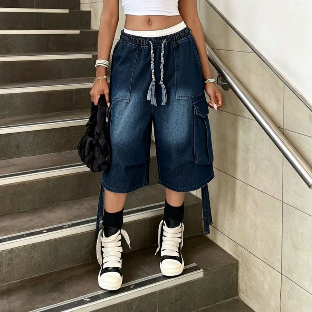 Workwear Denim Pants with Washed Finish Elastic Drawstring Waist Casual Style Bottoms - OMYGOODS