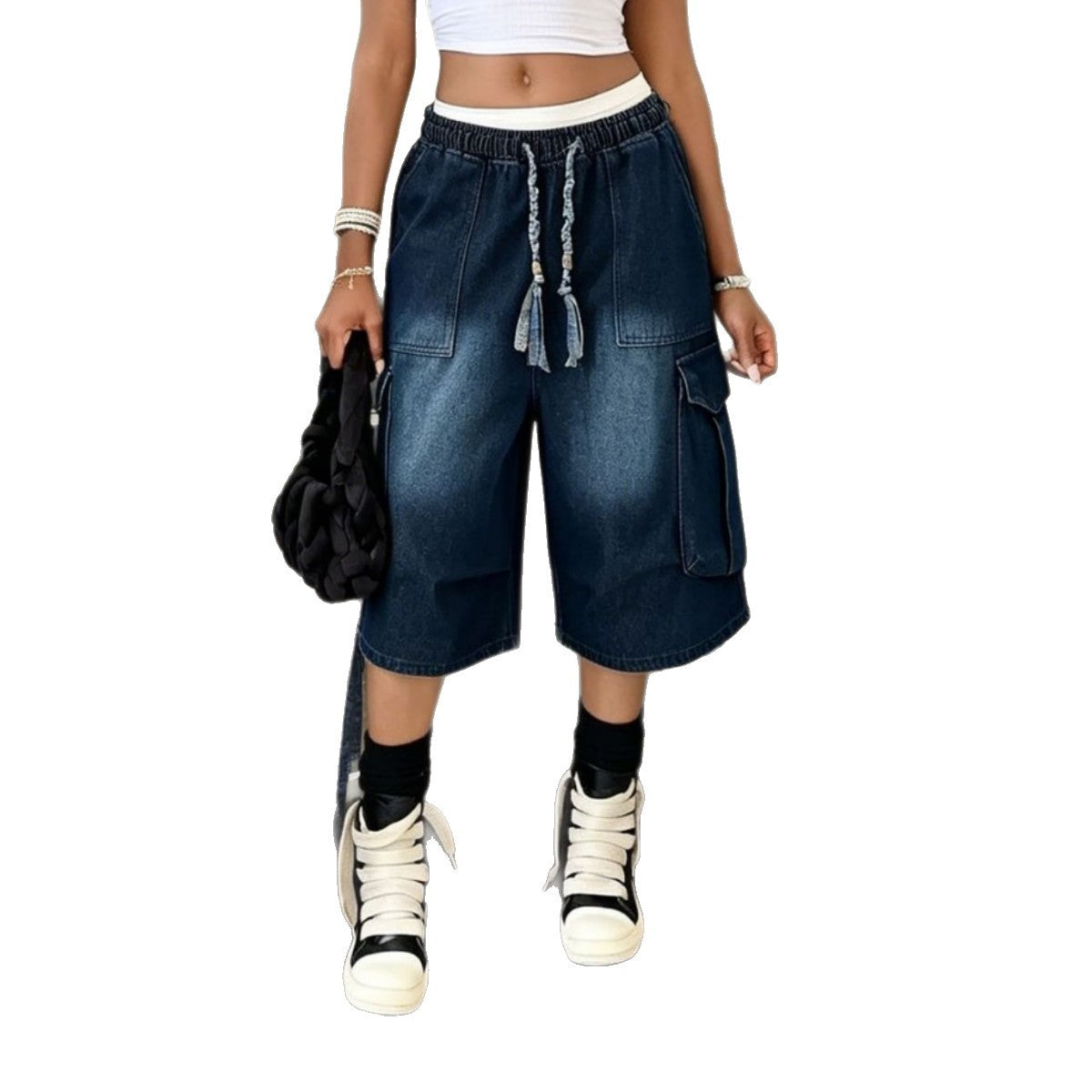 Workwear Denim Pants with Washed Finish Elastic Drawstring Waist Casual Style Bottoms - OMYGOODS