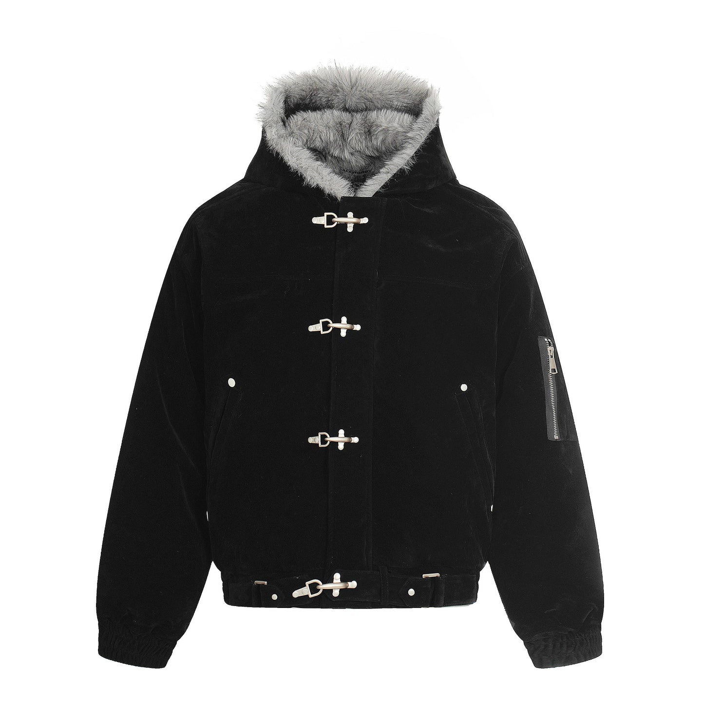 Streetwear Metal Clip Faux Fur Hooded Suede Bomber Jacket
