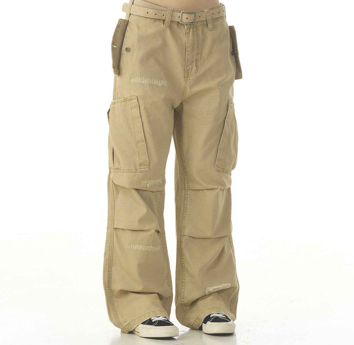 Cotton Hole Patch Pleated Multi-Pocket Cargo Casual Pants