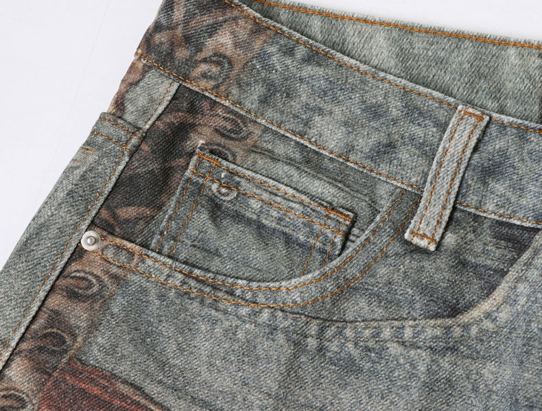 High Street Distressed Washed Printed Jeans