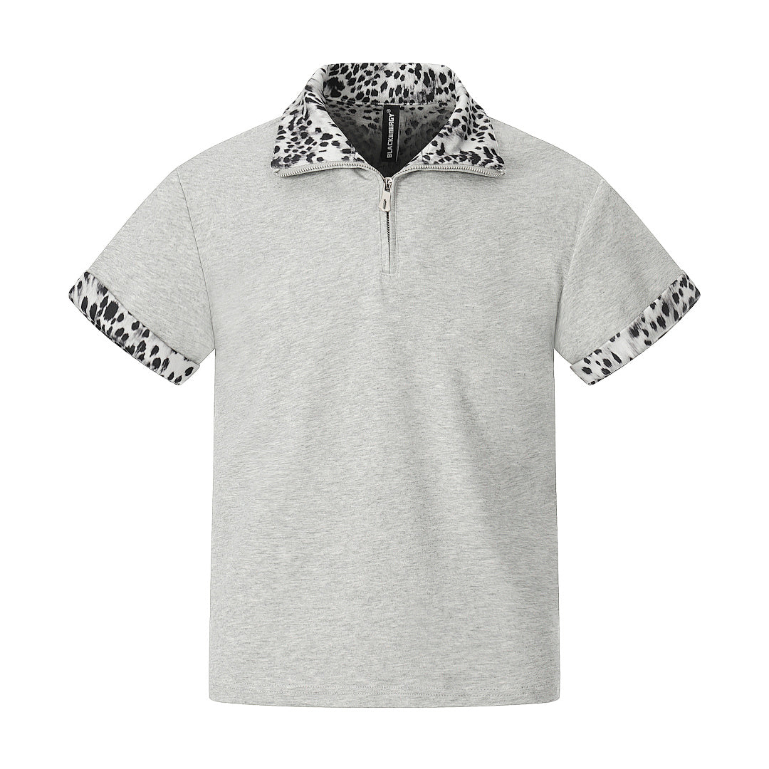 Leopard Trim Half Zip Polo T-Shirt - Stylish Casualwear