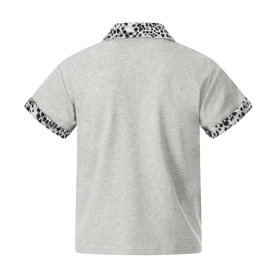 Leopard Trim Half Zip Polo T-Shirt - Stylish Casualwear