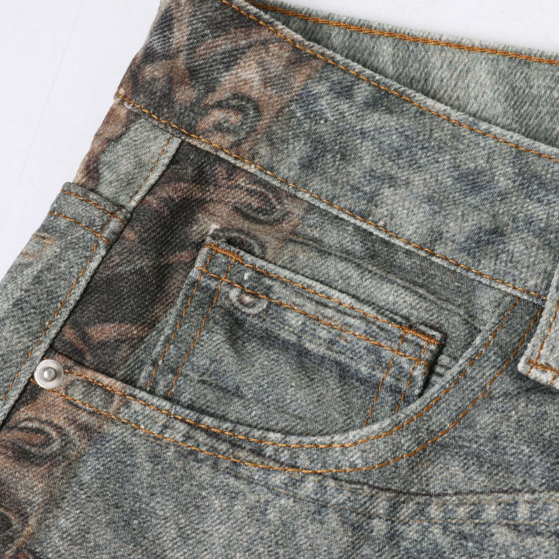 High Street Distressed Washed Printed Jeans