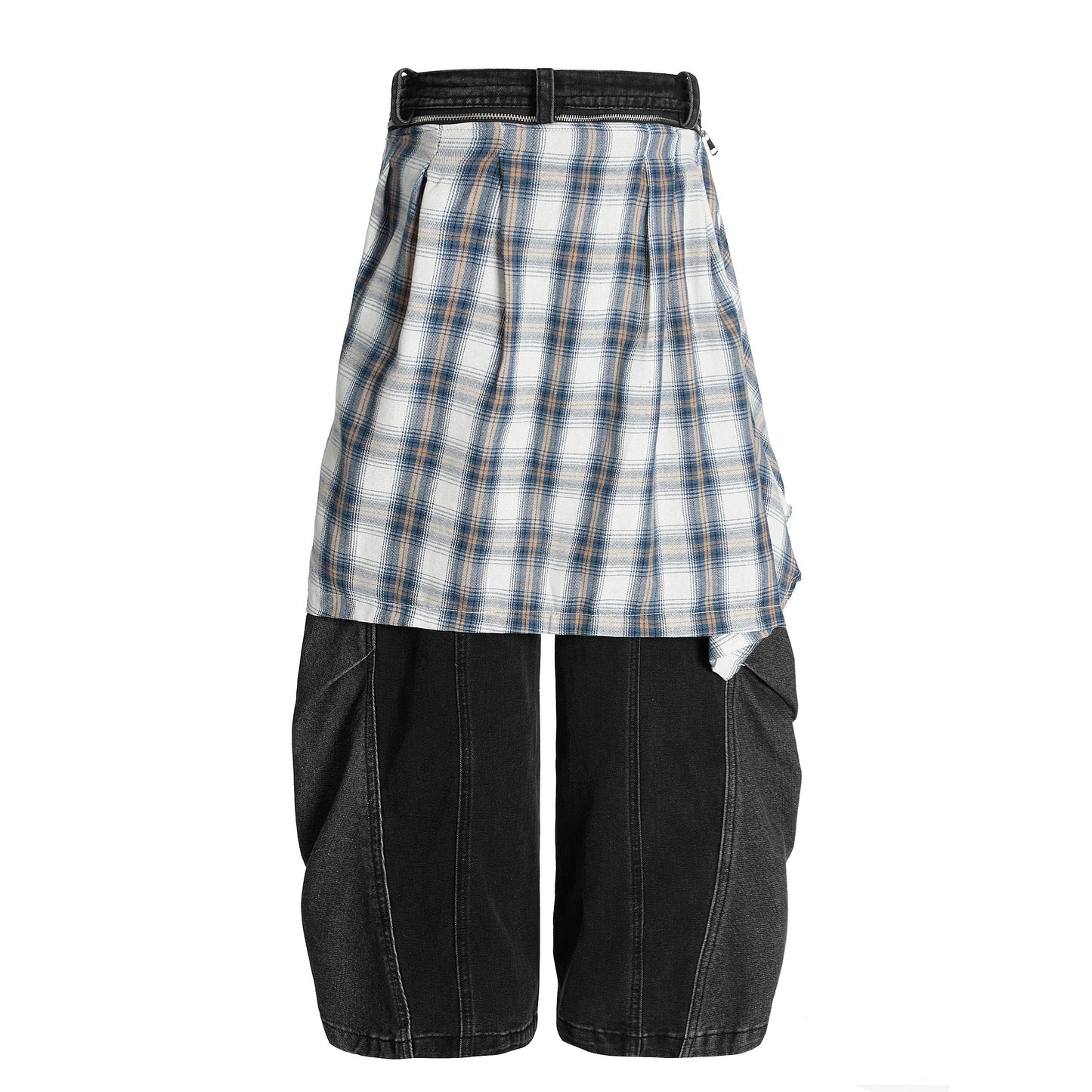 Denim Faux Two-piece Plaid Detachable Scimitar Jeans