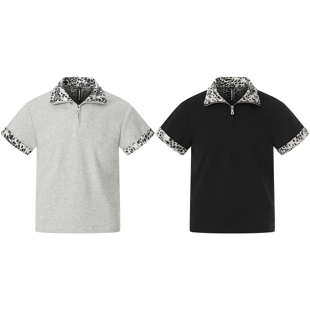 Leopard Trim Half Zip Polo T-Shirt - Stylish Casualwear