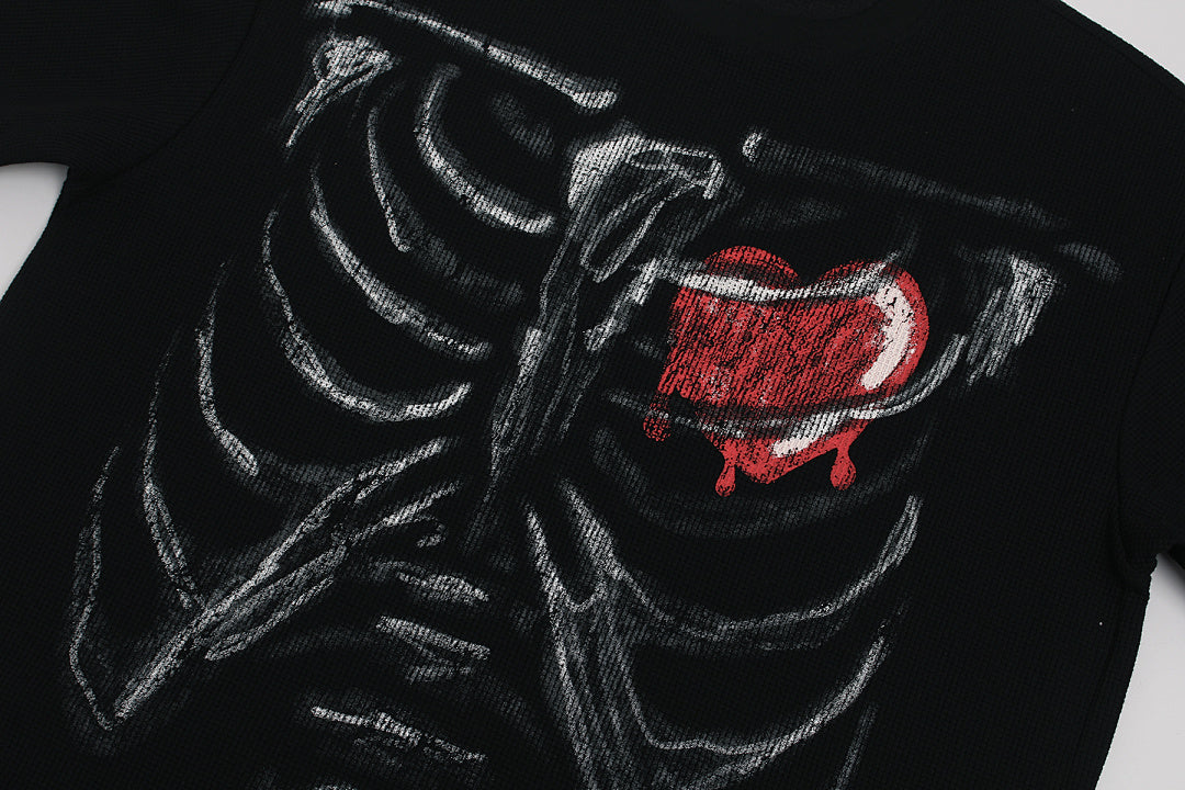 Skeleton & Melted Heart Graphic Waffle Knit T-Shirt