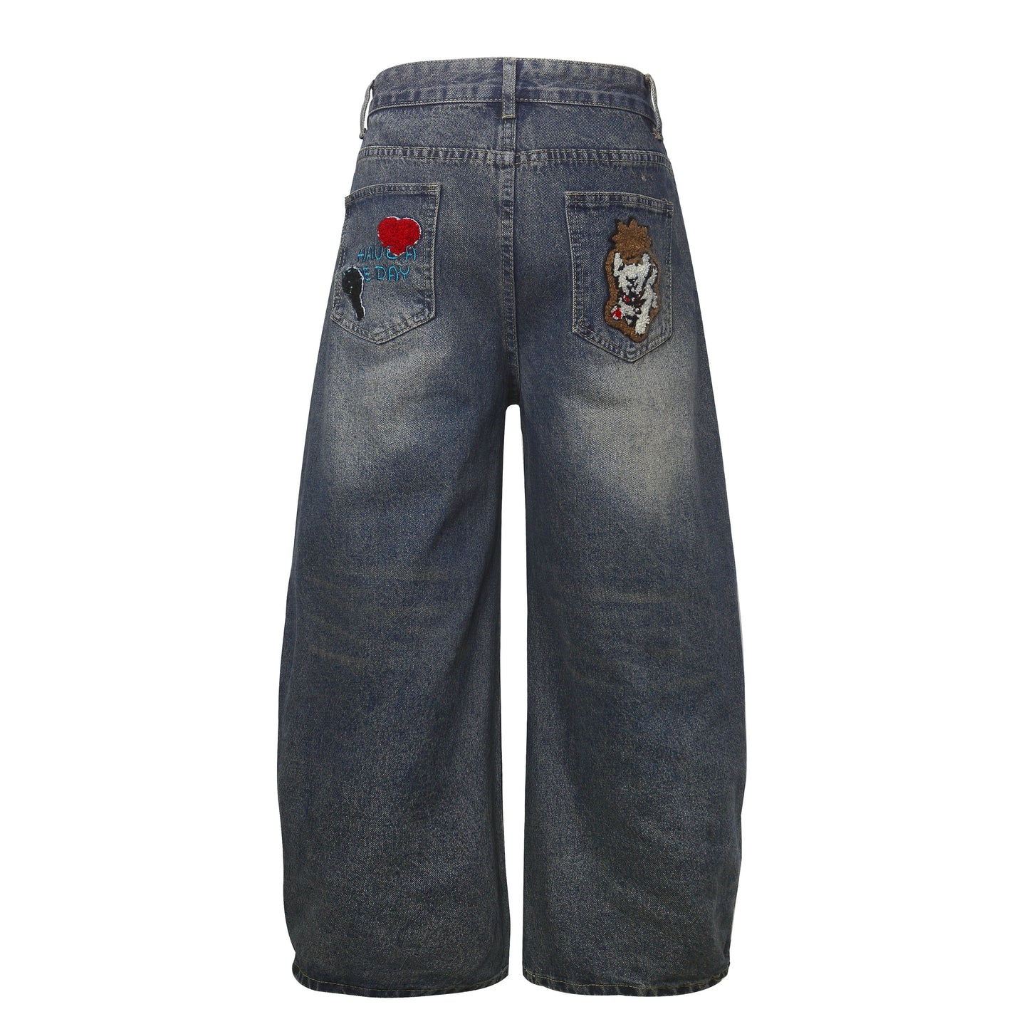 Retro Cartoon Graphic Heavy Embroidery Barrel Jeans