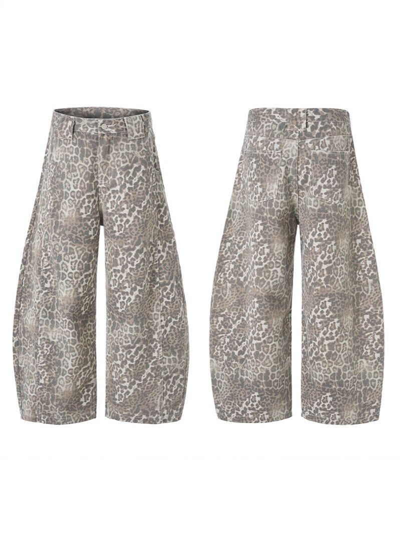 Street Leopard Camouflage Pleated Barrel Jeans