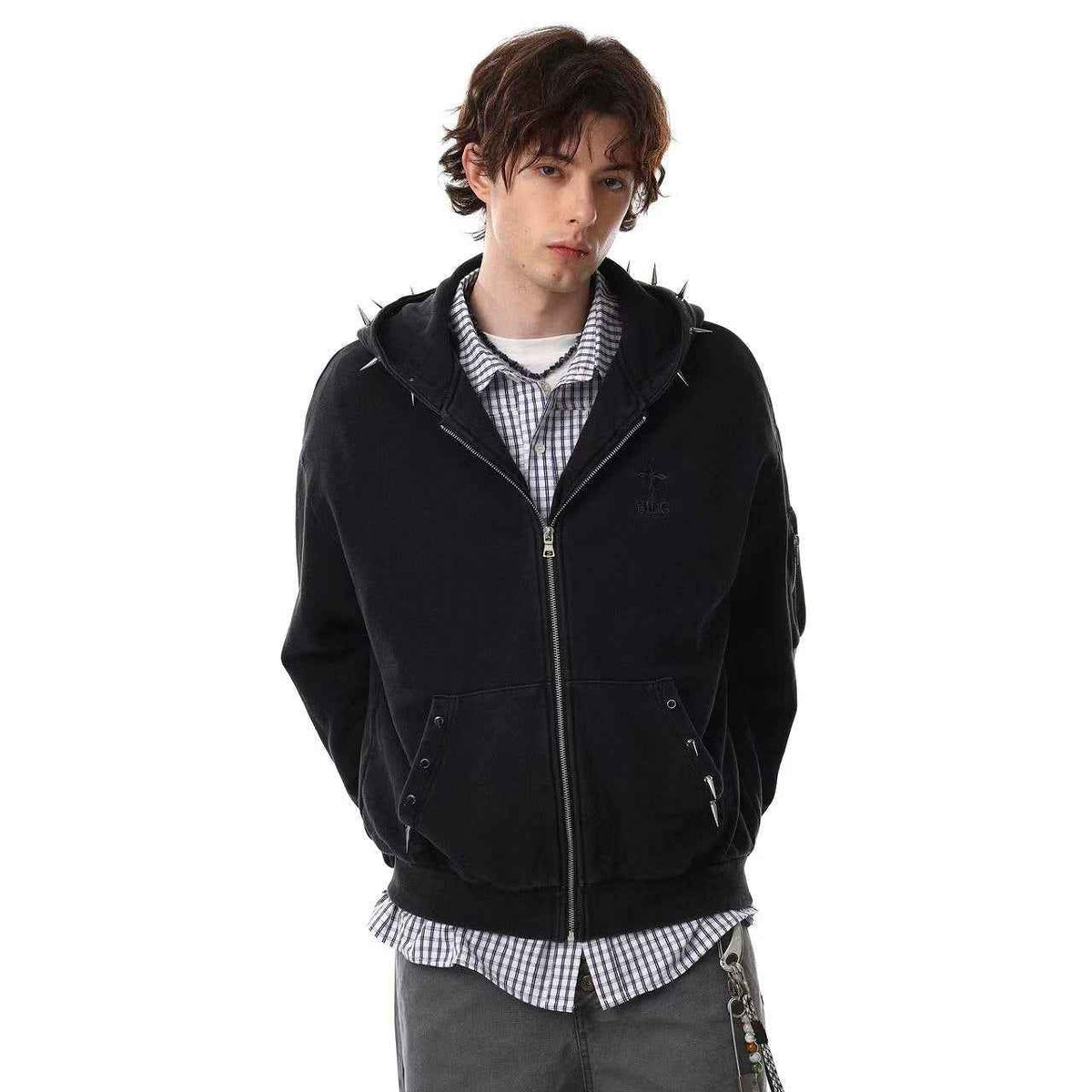 Street Style Retro Studded Zip-Up Hoodie