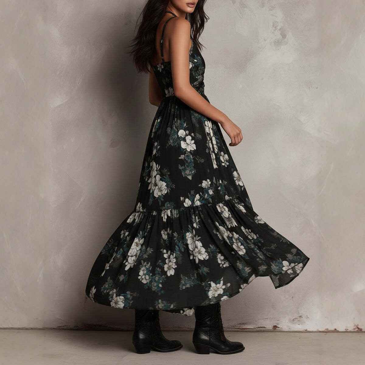 New style printed camisole dress for women, V-neck, waist cinched, high slit long skirt, fashionable vacation dress