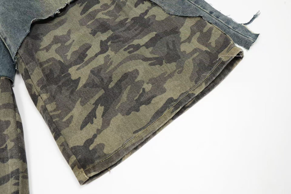 Distressed Camo Denim Knee-Length Jorts - OMYGOODS