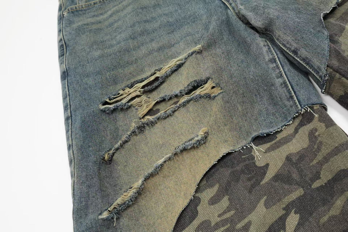 Distressed Camo Denim Knee-Length Jorts - OMYGOODS
