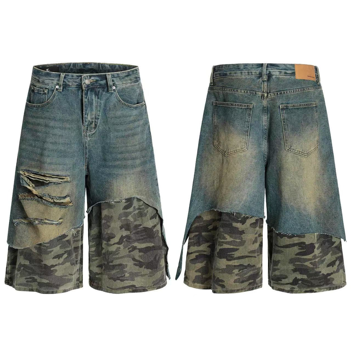 Distressed Camo Denim Knee-Length Jorts - OMYGOODS