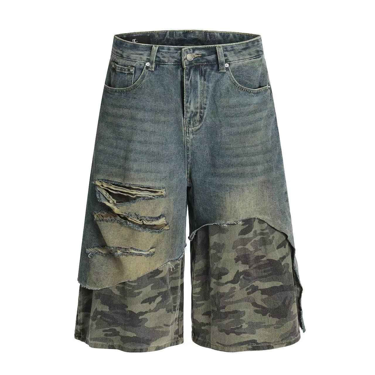 Distressed Camo Denim Knee-Length Jorts - OMYGOODS