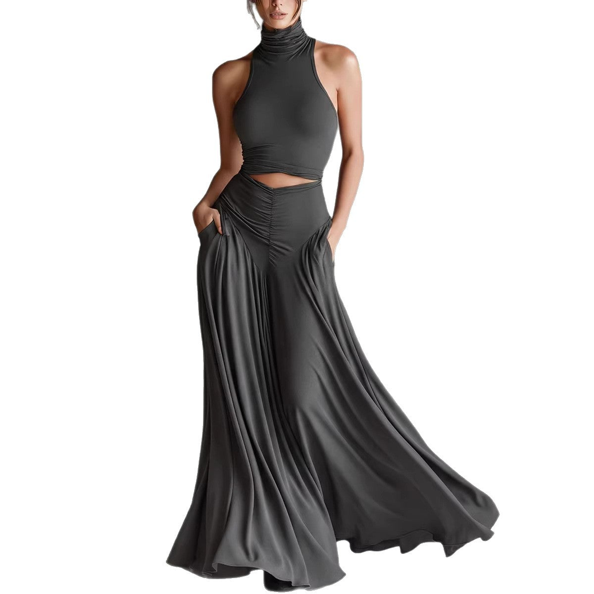 Style Sleeveless High Neck Top with Elegant Long Dress Two-Piece Set