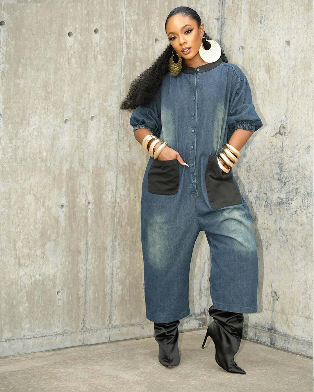 Style Patchwork Color-Blocking Large Pocket Wide-Leg Jumpsuit