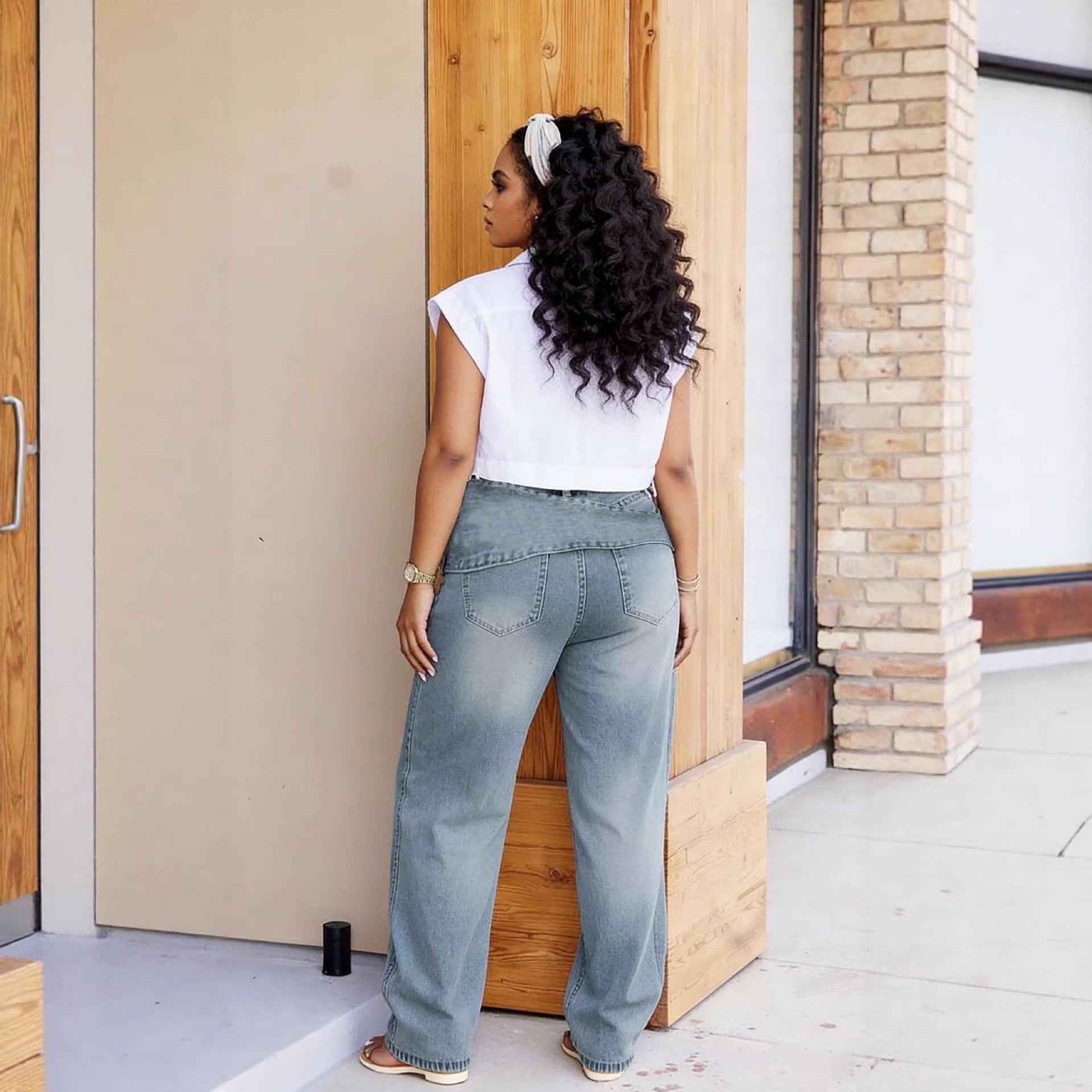 Street Style Detachable Multi-Pocket Belted Washed Distressed Denim Pants