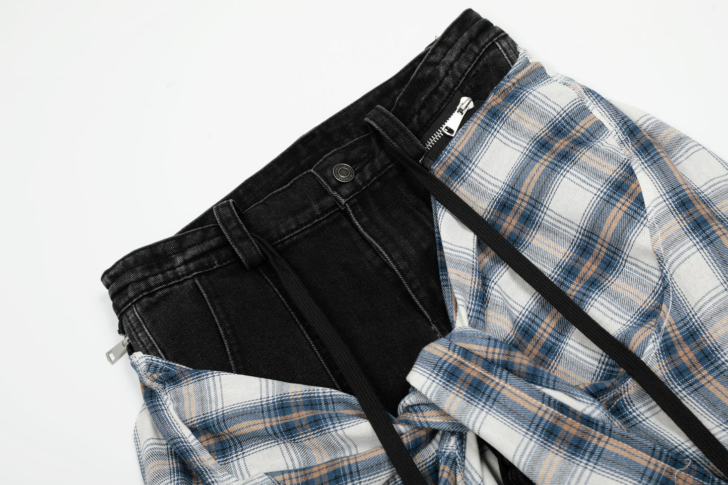 Denim Faux Two-piece Plaid Detachable Scimitar Jeans