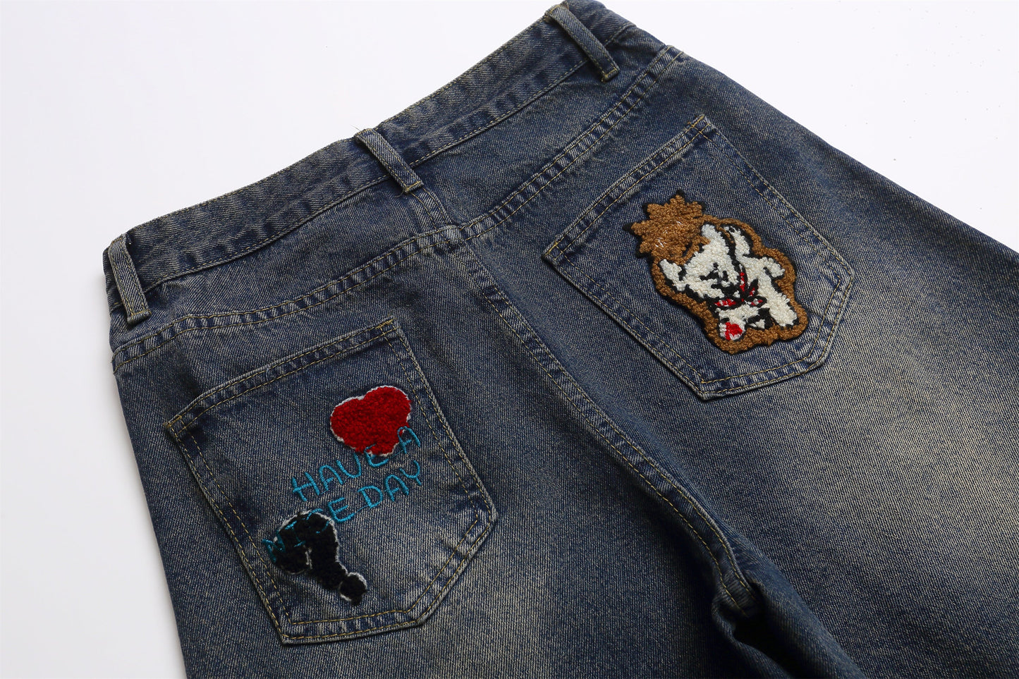 Retro Cartoon Graphic Heavy Embroidery Barrel Jeans