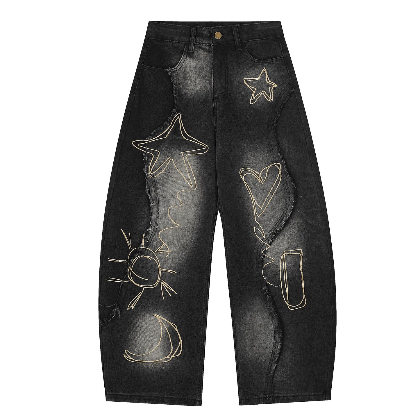 Vintage Embroidered Washed Raw-Edge Graffiti Scimitar Jeans