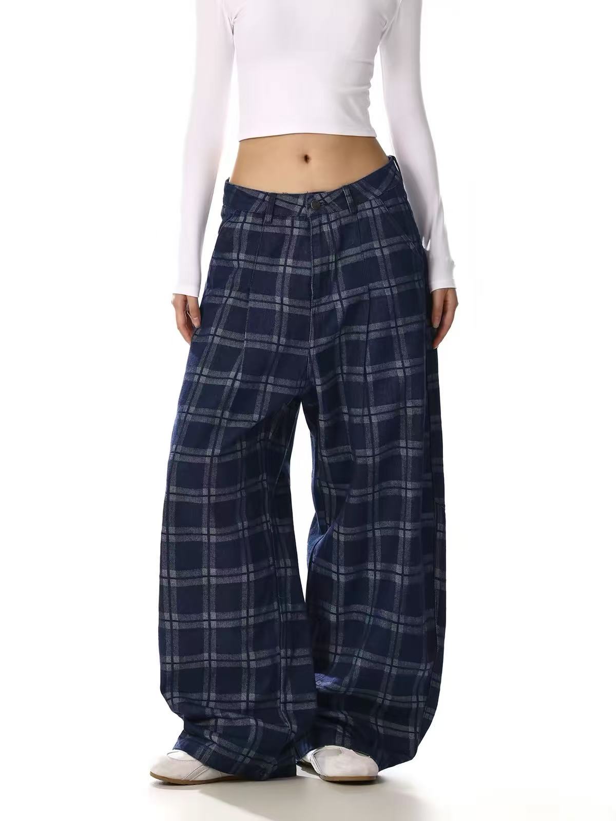 Vintage Blue Plaid Wide-Leg Cargo Pants - OMYGOODS