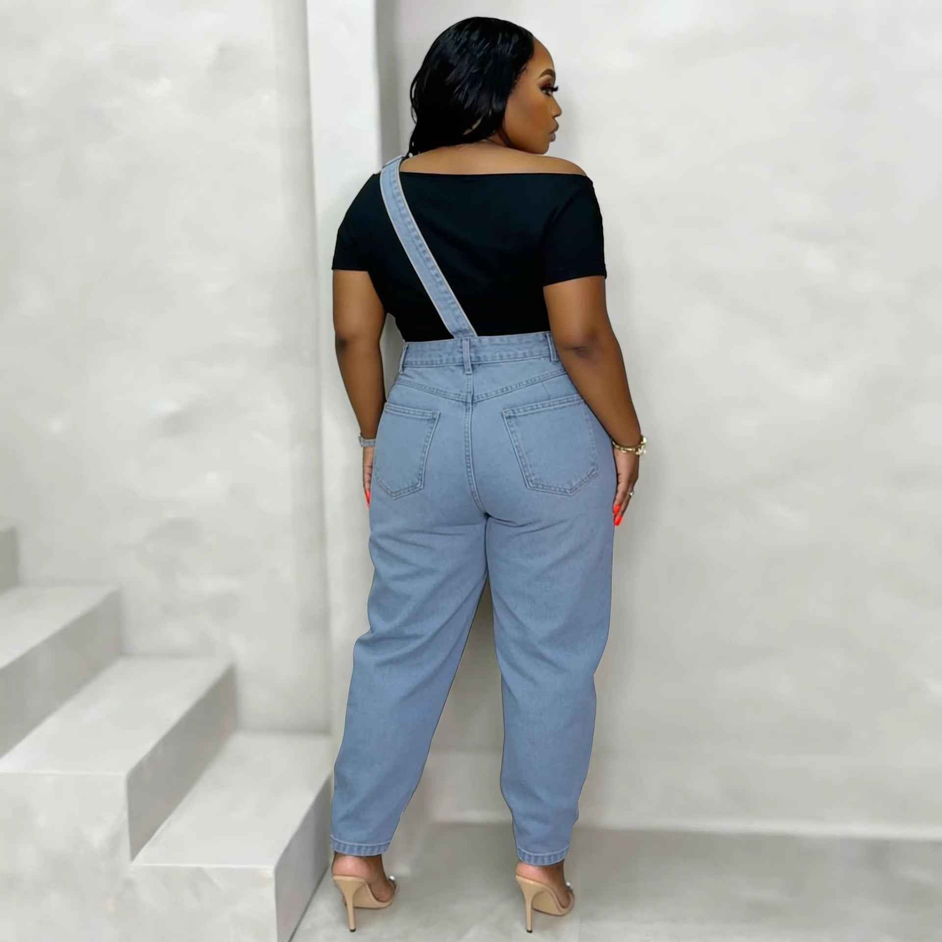 Single Shoulder Strap Washed Straight Leg Jeans Pants
