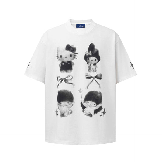 Loose Round Neck Short Sleeve Cartoon KT Cat Print T-Shirt for Women