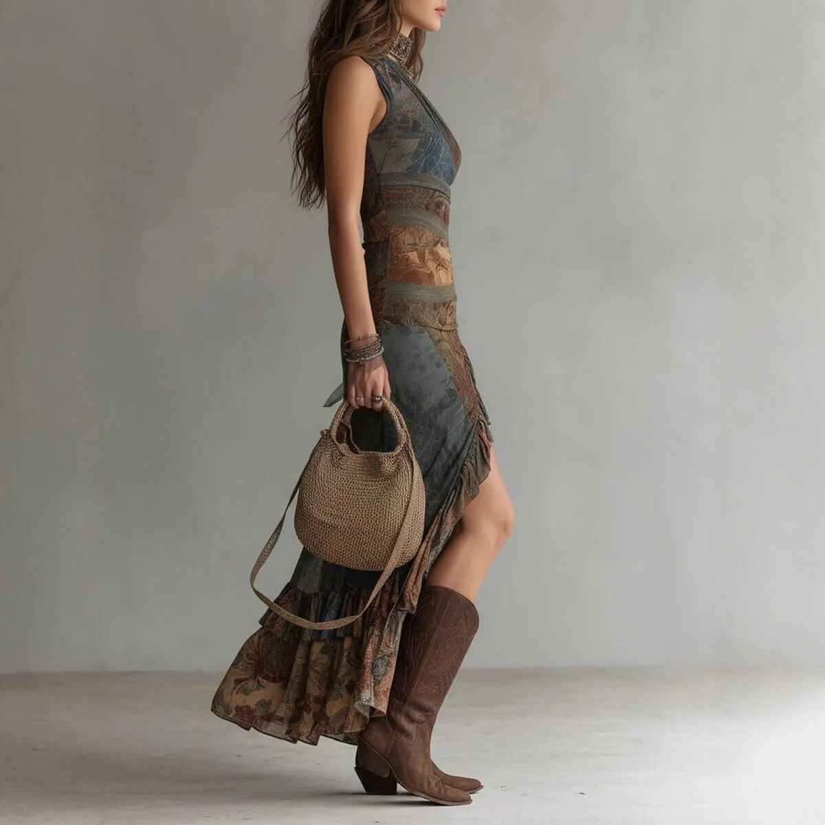 Retro Patchwork Printed Asymmetric Long Dress Slim Fit High Slit Dress
