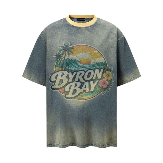 Beach print distressed short sleeved shirt