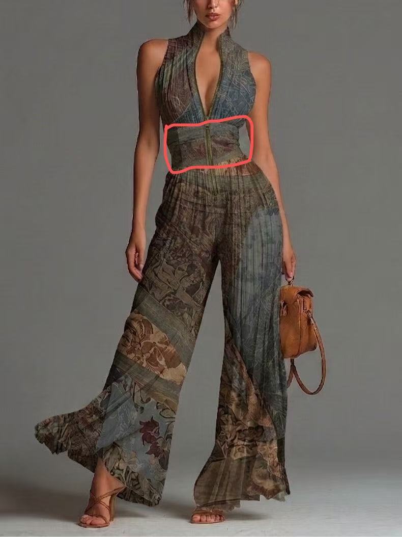 White Pleated Strap Neck Jumpsuit for Women, Long Wide Leg Fashion Sexy Folded Design