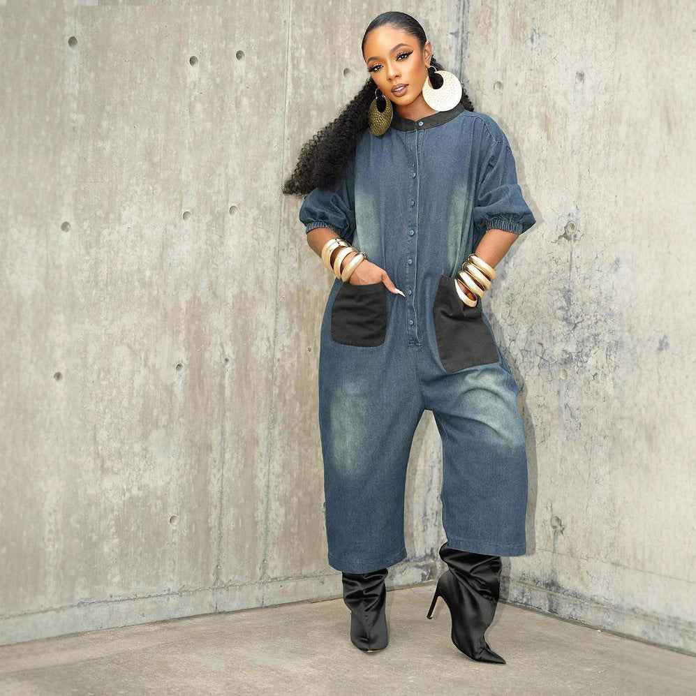 Style Patchwork Color-Blocking Large Pocket Wide-Leg Jumpsuit