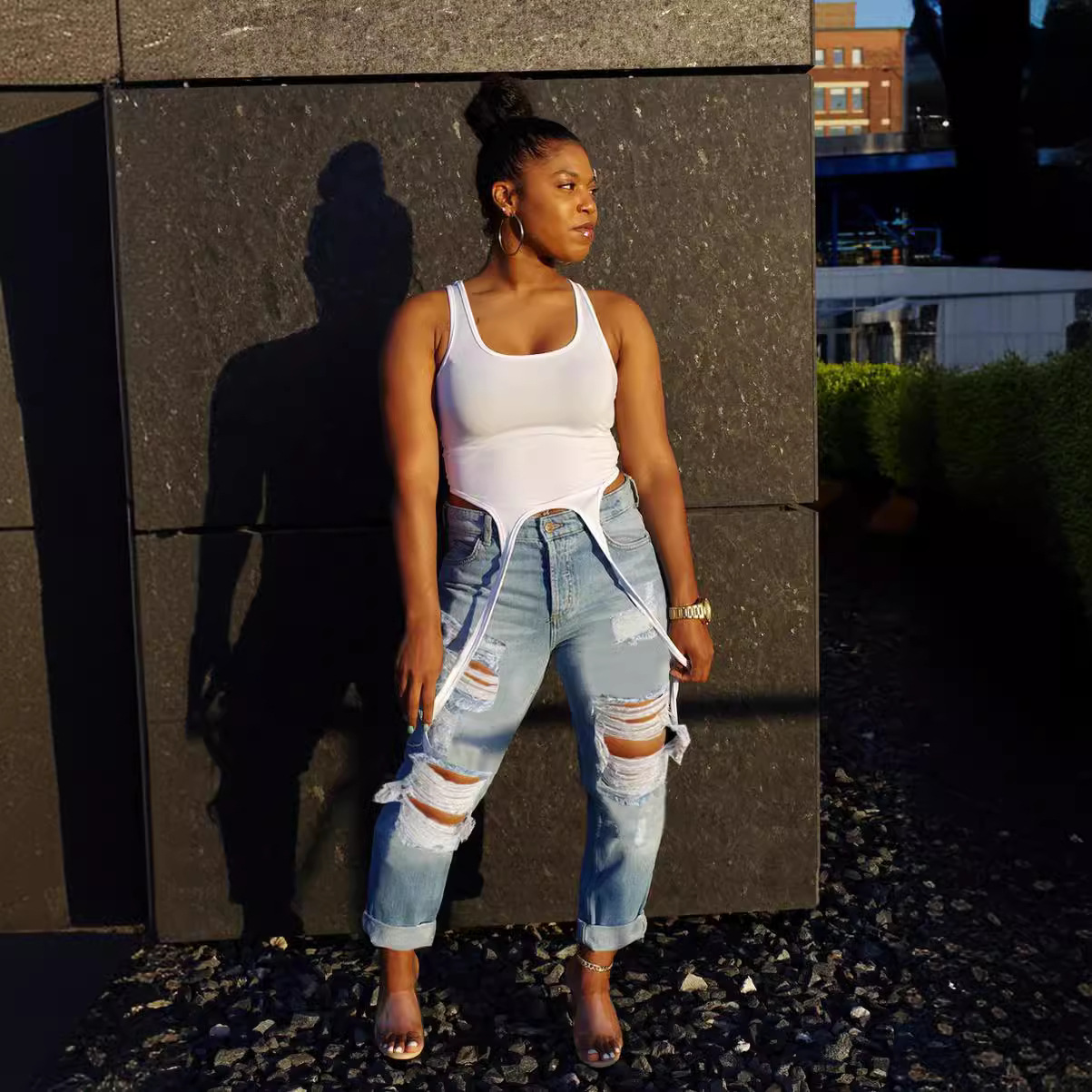 Street High-Waisted Ripped Nine-Panel Jeans
