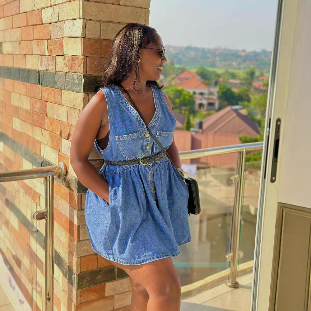 Casual Double Pocket Button-Up Mini Sleeveless Denim Dress