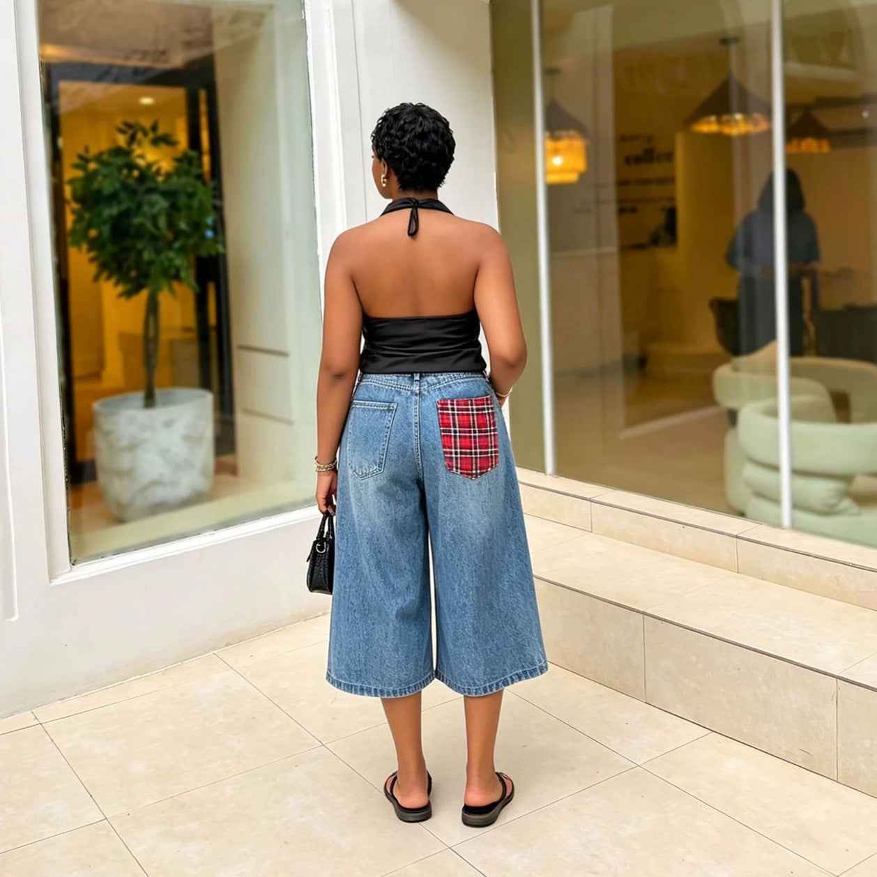 Patchwork Checkered Washed Seven-Quarter Denim Pants