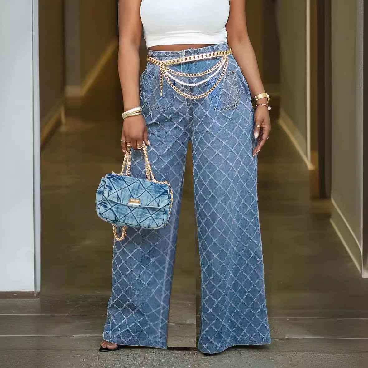 Grid Jacquard Washed High Waist Straight Leg Jeans