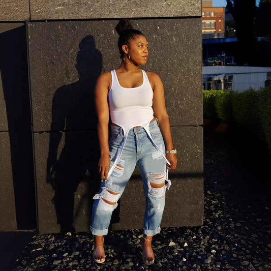 Street High-Waisted Ripped Nine-Panel Jeans