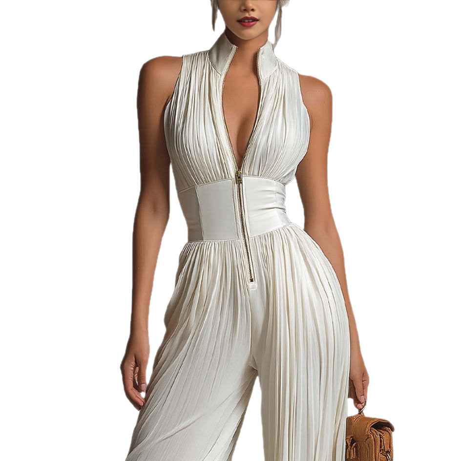 White Pleated Strap Neck Jumpsuit for Women, Long Wide Leg Fashion Sexy Folded Design