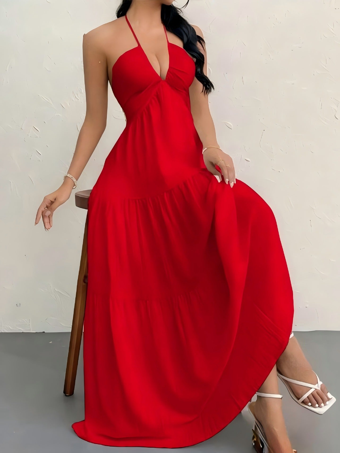 European and American Style Summer New Solid Color Strapless Sexy Backless Tie-Up Beach Vacation Casual Halter Neck Dress