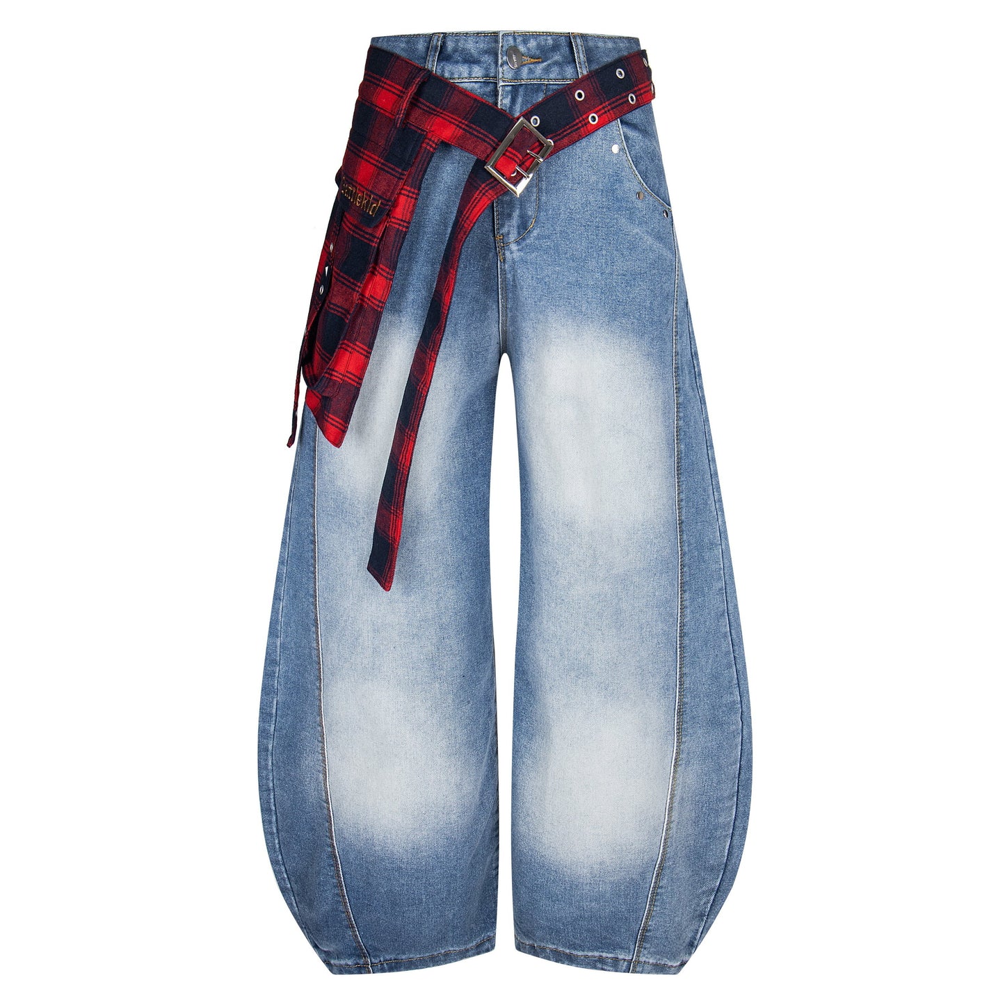 Plaid Reign | Wide-Leg Denim Trousers with Flannel Accent