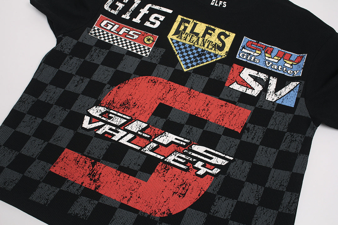 Waffle Knit Racing Checkered Flag Graphic T-Shirt
