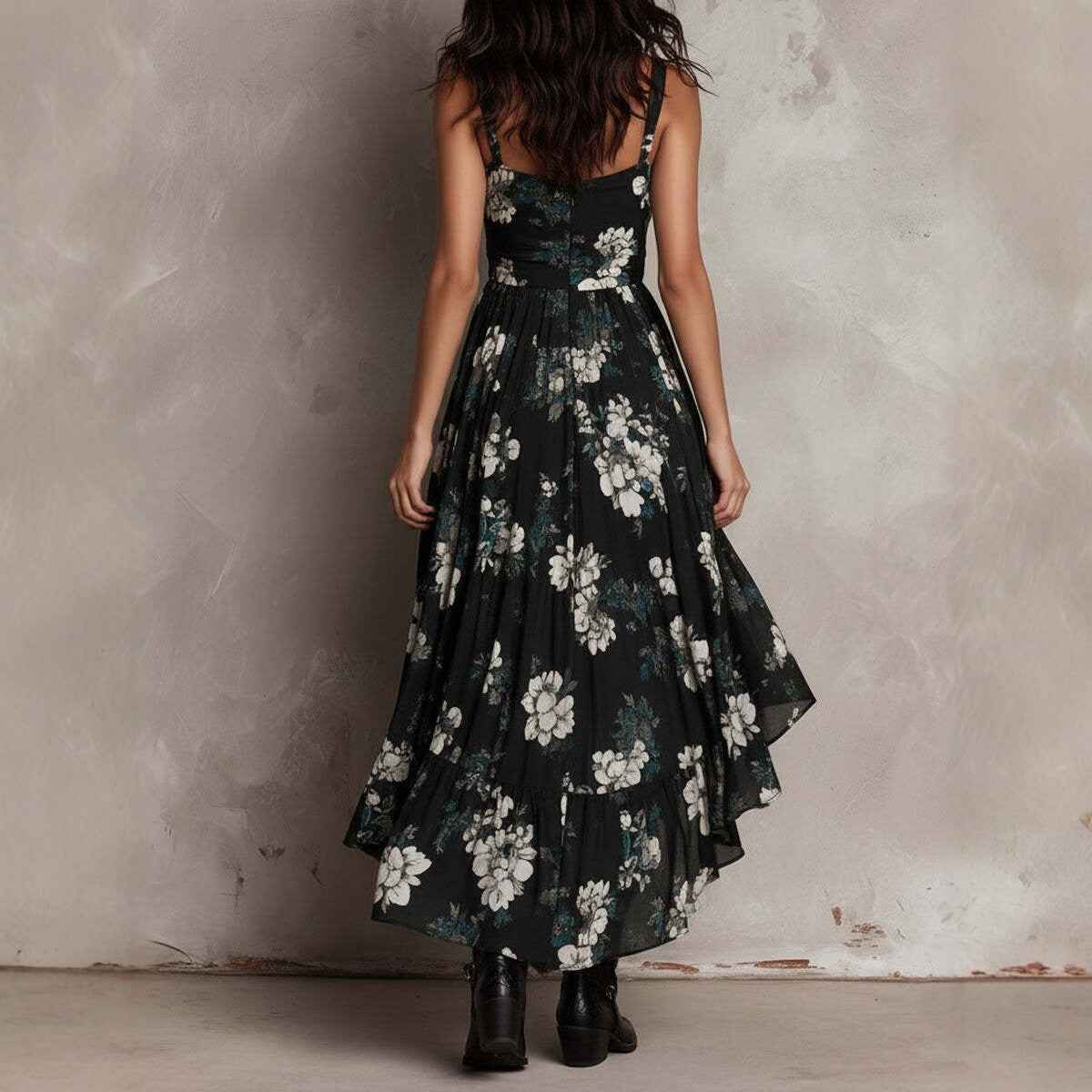 New style printed camisole dress for women, V-neck, waist cinched, high slit long skirt, fashionable vacation dress