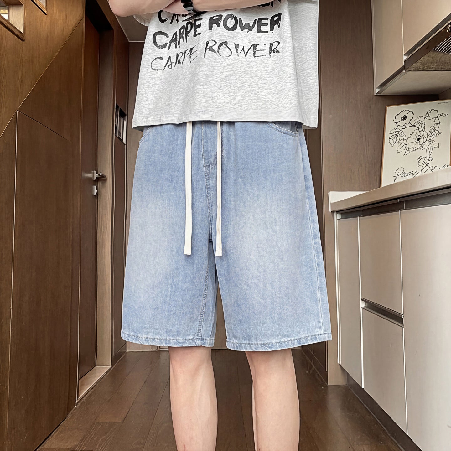 Ice Silk Denim Shorts Men's Five-Quarter Pants